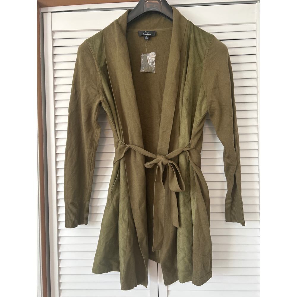 Dennis Basso Olive Green Knit Cardigan With Belt And Pockets Women's Size L QVC